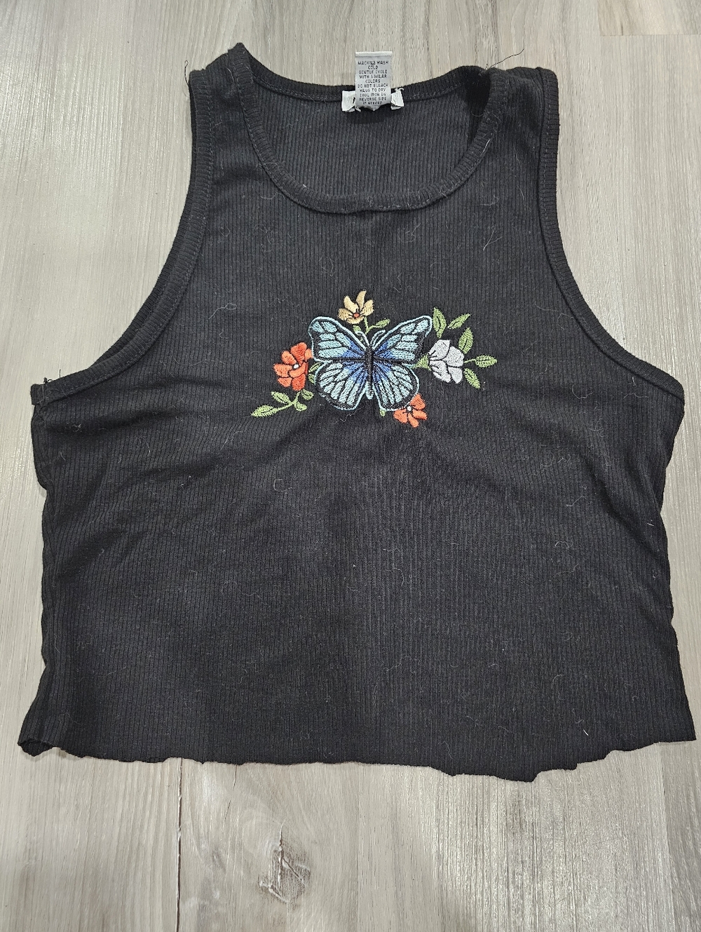 Rue21 Black Ribbed Croppes Tank Top with Floral And Blue Butterfly Embroidery